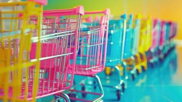 Vibrant shopping carts in bright pink, yellow, and blue lined up against a colorful background photo