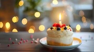 cake with candle, decorated with berries and soft glowing bokeh background photo