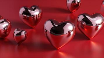 Metallic red hearts with a glossy, reflective surface on red background photo