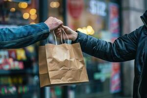 vendor handing over a paper shopping bag to a customer photo