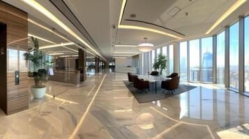panoramic view of a modern office interior with marble floors, large windows photo