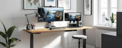 modern standing desk setup with dual monitors, an ergonomic stool, and minimalist decor in a bright workspace photo