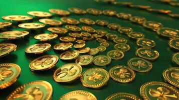 Golden coins with shamrocks in a spiral on green surface photo
