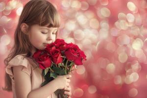 little girl holding a bouquet of red roses by dreamy pink bokeh background photo