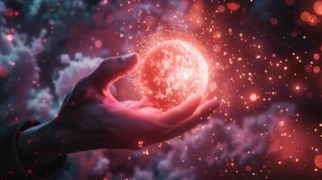 hand holding a glowing red orb with floating particles in a mysterious atmosphere photo