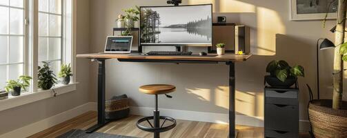 desk with an ergonomic stool, a dual-monitor setup, and natural light from large windows photo