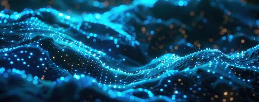 Blue and glowing digital particles waves over a dark background photo