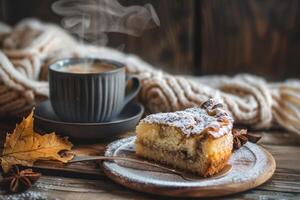 slice of cake with steaming coffee photo
