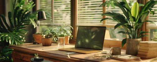 workspace with laptop, plants, and sunlight streaming through large windows photo