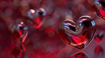 Shiny red metallic hearts floating against dark red background photo