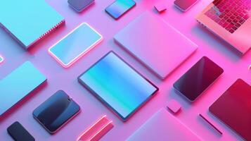 futuristic neon-lit arrangement of various tech devices photo