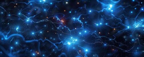 Blue network of interconnected glowing nodes over a dark background photo