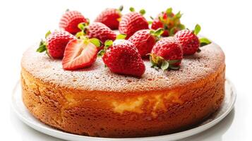 Golden sponge cake topped with whole strawberries, dusted with powdered sugar on white photo