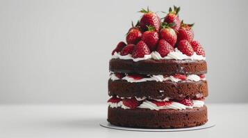 Chocolate sponge cake with whipped cream and fresh strawberries, simple and classic design photo