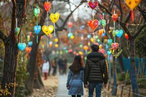 couple walking under trees decorated with heart-shaped lanterns in a park photo