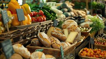 market with fresh bread, cheese and vegetables in wicker baskets photo