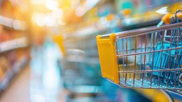 bright shopping aisle with a close-up view of a yellow-handled cart photo