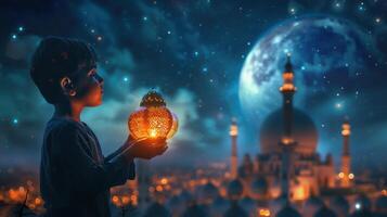 child holding an ornate glowing lantern under night sky with a moon and mosque photo