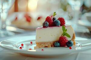 cheesecake slice garnished with fresh berries and mint, elegantly plated with soft lighting photo