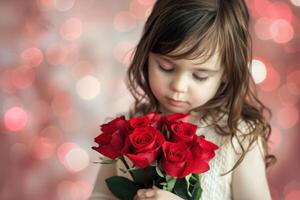 young girl holding red roses, on soft pink bokeh background photo