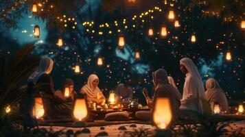 friends celebrating Ramadan outdoors with lanterns and glowing lights in a serene setting photo