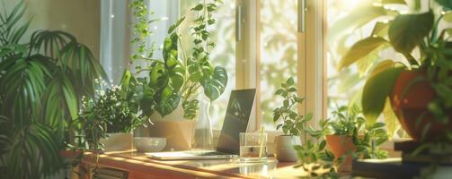 quiet workspace filled with plants, natural light photo