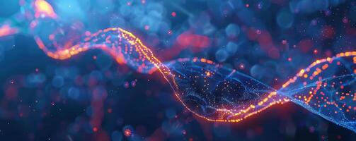 glowing DNA strand with vibrant orange and blue lights on a blurred, dark background photo