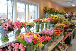flower shop showcasing bouquets of flowers in a brightly lit background photo