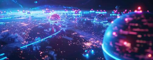 Illuminated futuristic global network with glowing connections over a dark landscape photo
