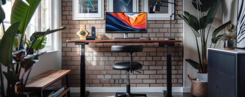 home office with a modern standing desk, ergonomic stool, brick accent wall, and lush green plants photo