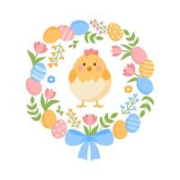 Floral decorative Easter wreath with Easter chick inside. vector