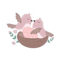 Two birds sit in a nest, waiting for their chick to hatch vector