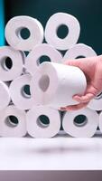 vertical Hand holding toilet paper roll with stack in background video