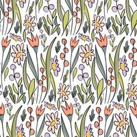 Hand-Drawn Floral Seamless Pattern Colorful Botanical Illustration with Wildflowers, Leaves, and Berries for Fabric, Wallpaper, Wrapping Paper, and Decorative Design vector