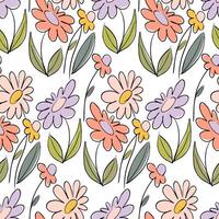 Hand-Drawn Floral Seamless Pattern Colorful Botanical Illustration with Daisy or Chamomile and Leaves, for Fabric, Wallpaper, Wrapping Paper, and Decorative Design vector