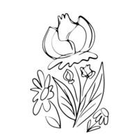 Hand-Drawn Floral Line Art Black and White Botanical Sketch with Blooming Flowers and Leaves for Coloring, Tattoo Design, and Decorative Art vector