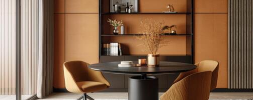 Modern office setup with round table, chairs, and wall shelving photo
