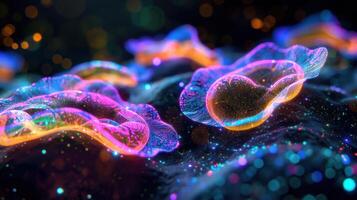 Glowing microscopic cells with neon colors and a futuristic bioluminescent effect photo