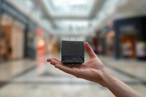 hand holding a small black shopping bag against the blurred backdrop of a modern shopping mall photo