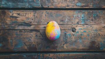 A single colorful Easter egg on a rustic wooden surface photo