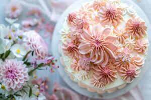 pink floral cake with buttercream flowers, sparkling details photo
