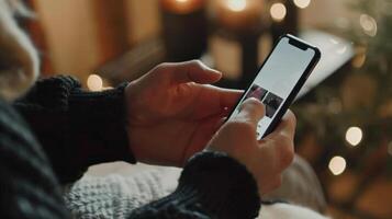 A person in a cozy setting browsing products on a smartphone photo