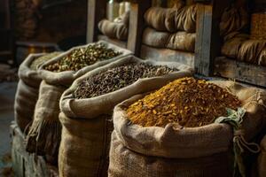 Bags of spices and herbs displayed in a traditional Moroccan marketplace photo