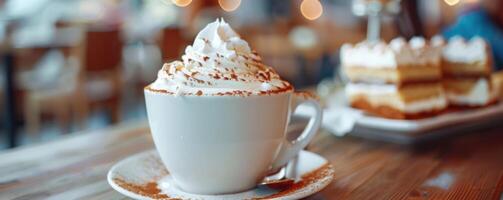 Cappuccino with cream and cinnamon served with a slice of cake photo