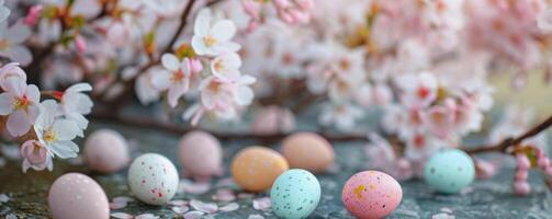 Blooming cherry blossoms with pastel-colored Easter eggs photo
