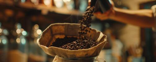 Coffee beans poured into a sack in a cozy shop photo