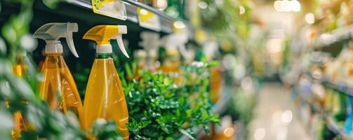 row of eco-friendly cleaning products in yellow spray bottles displayed on a supermarket shelf photo