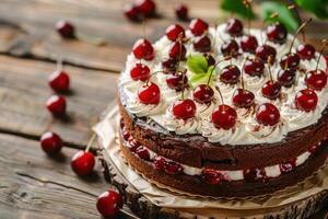 Black Forest cake with whipped cream and cherry topping photo