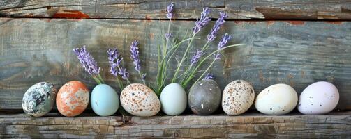wooden background with Easter eggs and fresh lavender sprigs photo