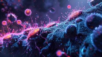 Microscopic glowing cells with vibrant pink tendrils in a futuristic biological setting photo
